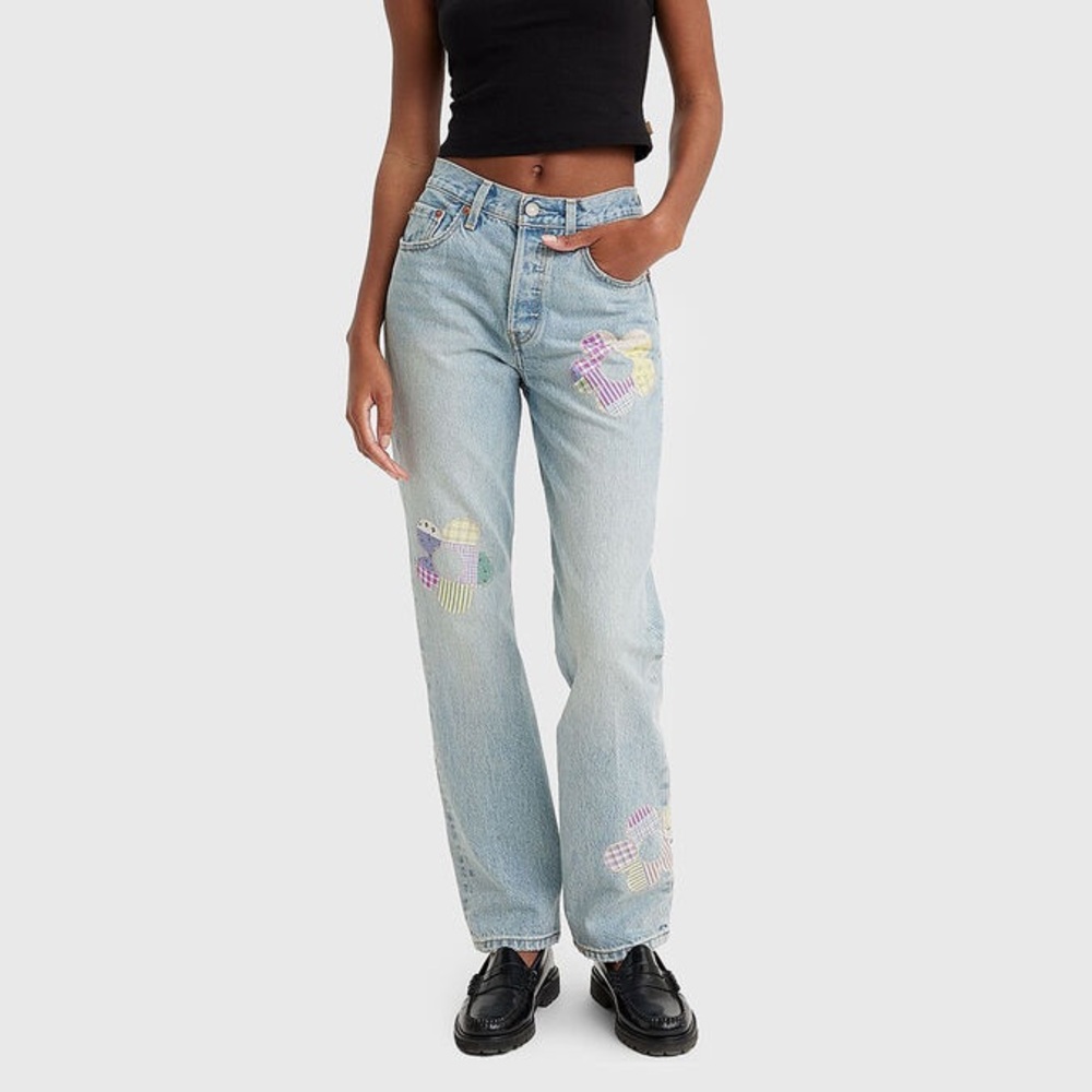 Levi's Light Blue Straight-Leg Jeans with Pastel Patch Hearts